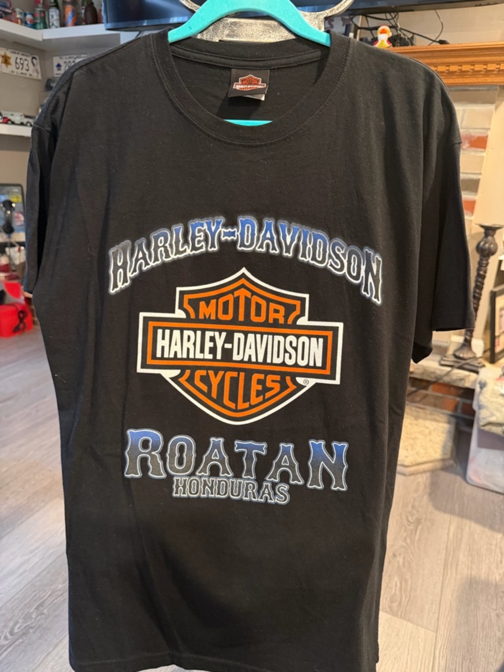 Harley-Davidson Black Tee with Orange & White Shield and Blue Lettering